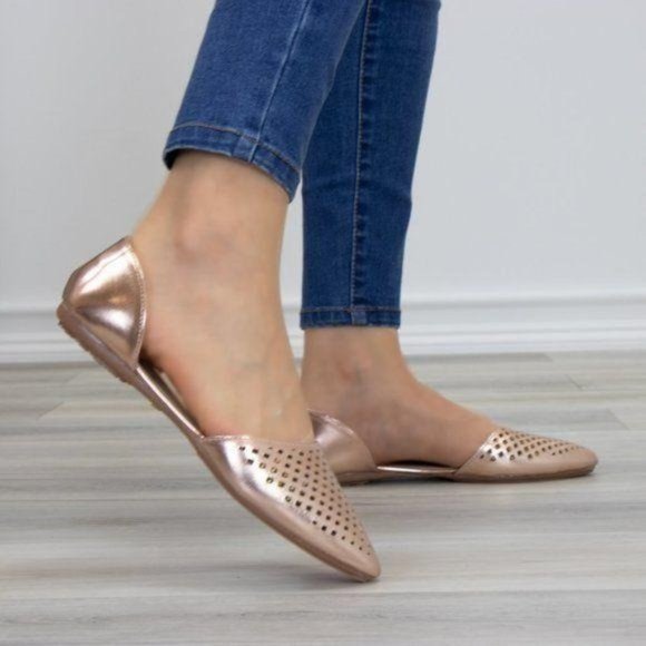 Shoes - Pointed Toe Perforated Gold Rose Flats